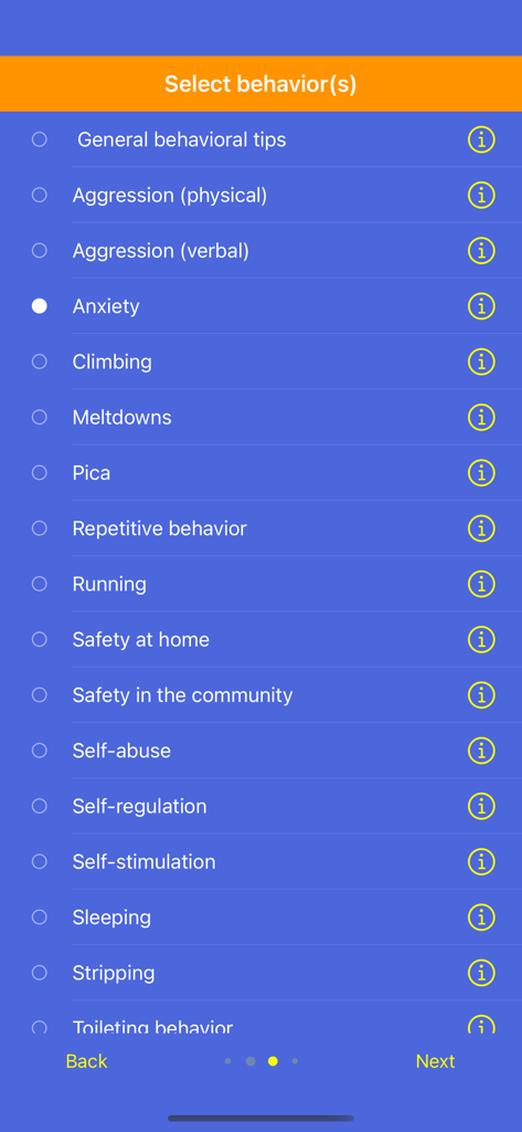 Autism Toolbox - Behavior - Interface of the Autism Toolbox app showing a checklist for selecting specific behaviors like anxiety and meltdowns