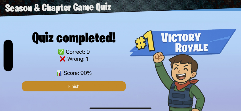 Quiz completed screen with a ninety percent score and a Victory Royale celebration