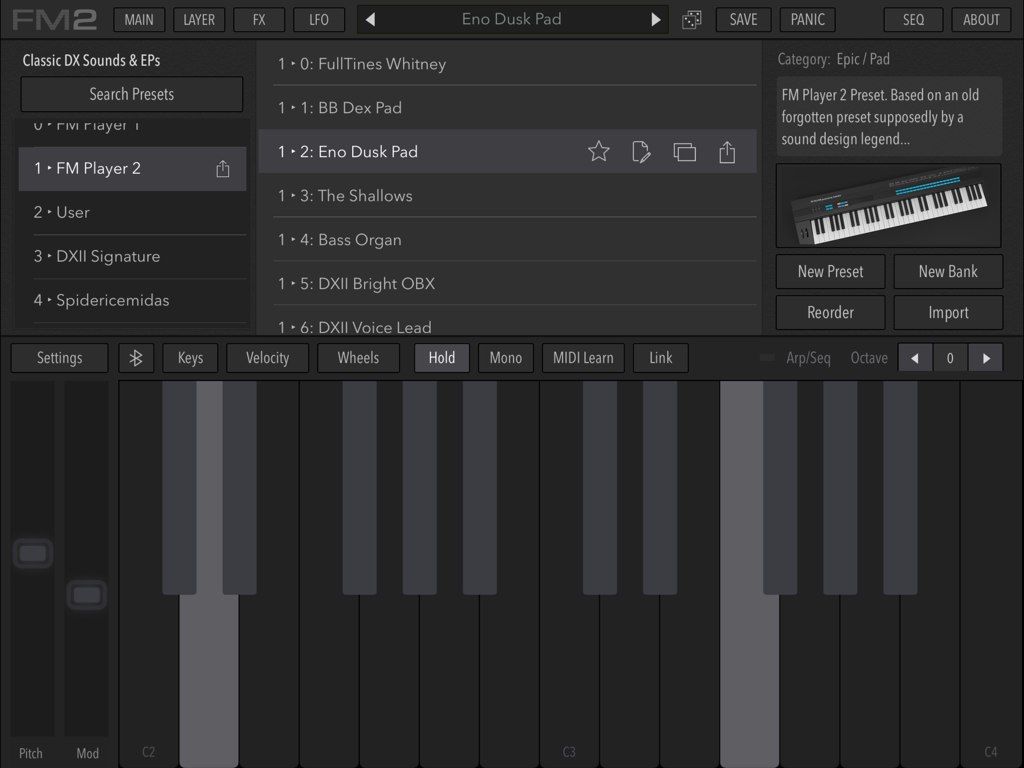 AudioKit FM Player 2: DX Synth - Tela de seleção de presets do aplicativo AudioKit FM Player 2 DX Synth para iPad.
