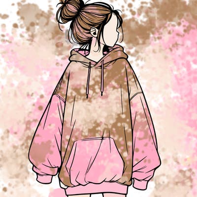 realistic girl with a oversized sweatshirt on and a bun