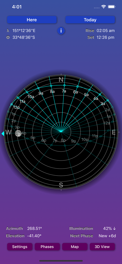 Moon Seeker app flat compass view showing the lunar path, coordinates, and astronomical data including azimuth, elevation, and illumination.