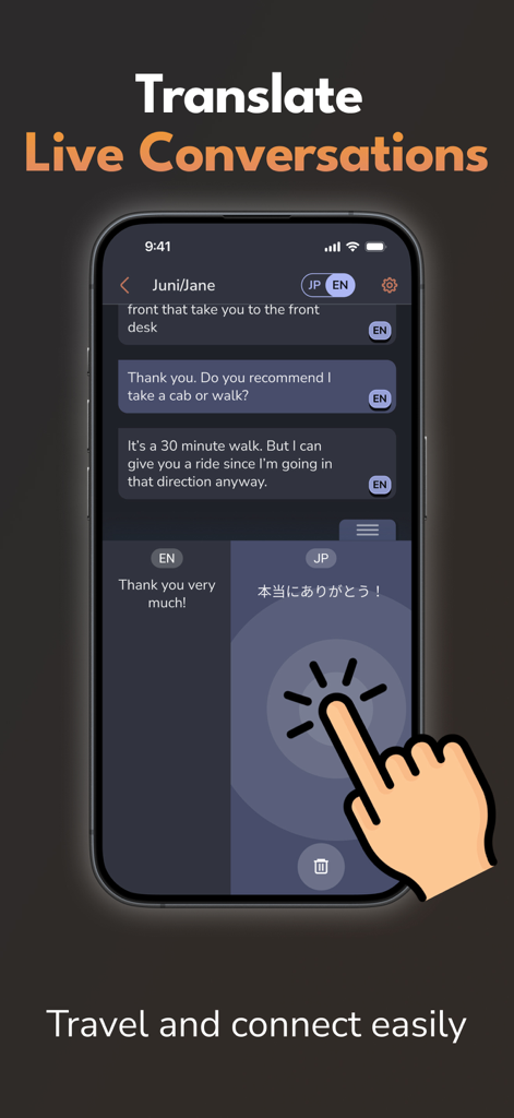 FlaiChat: Instant Translations - Interfaz de smartphone de la aplicación FlaiChat que muestra traducción en tiempo real entre texto en inglés y japonés para conversaciones en vivo.