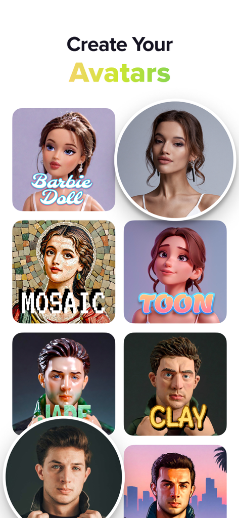 Fancy AI: AI Logo&Avatar Maker - A collection of AI generated avatar styles like Barbie, Mosaic, Toon, Jade and Clay