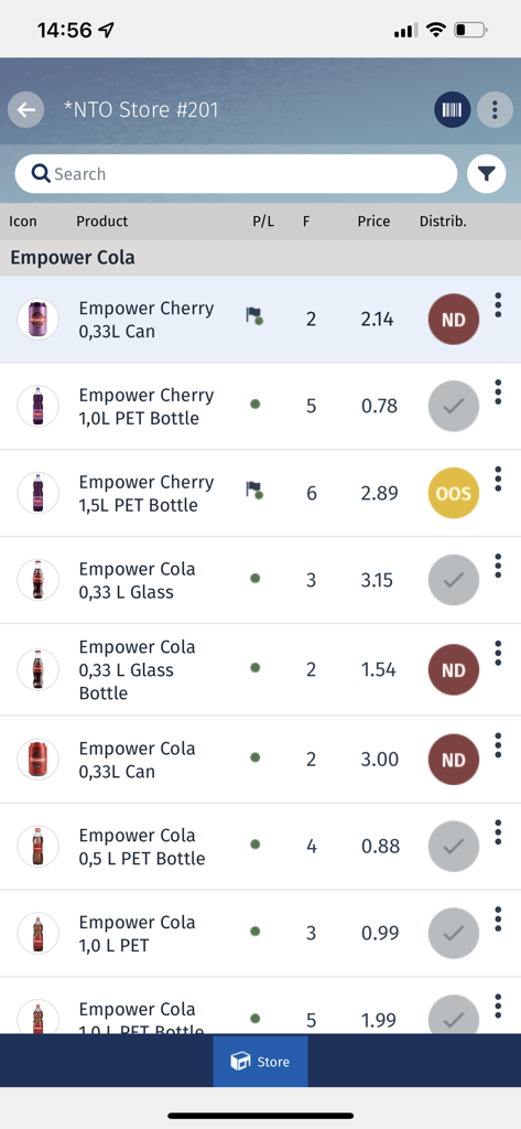 Consumer Goods Cloud - Tela móvel do aplicativo Consumer Goods Cloud mostrando uma lista de produtos de bebidas com status de preços e distribuição para uma loja de varejo
