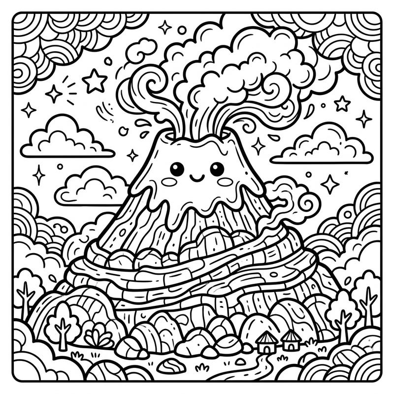 Dive into a world of adorable geological wonder with our Kawaii Stratovolcano coloring page! This charming illustration features a friendly, smiling volcano erupting with cute, puffy clouds and lava flows, surrounded by a whimsical landscape.