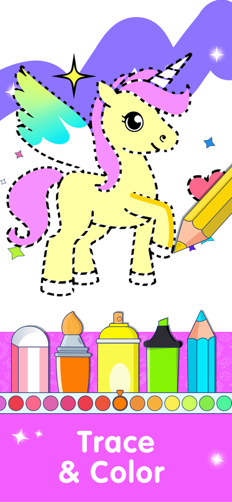 Kids drawing app interface showing a unicorn outline to trace and color with various digital painting tools