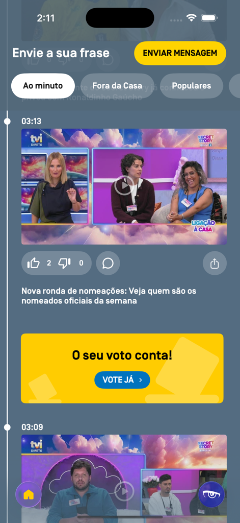 TVI Reality: 1ª Companhia - Interfaz de la aplicación TVI Reality que muestra el feed de noticias con clips del programa de realidad y un botón de votación para nominaciones.