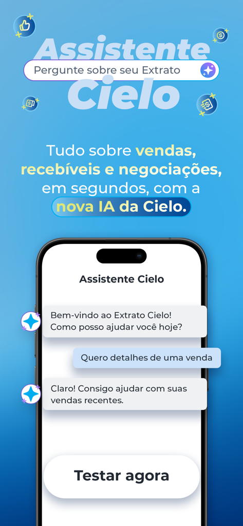 Cielo Gestão: maquininha - 판매 관리를 위한 AI 어시스턴트가 포함된 Cielo Gestão의 모바일 앱 인터페이스