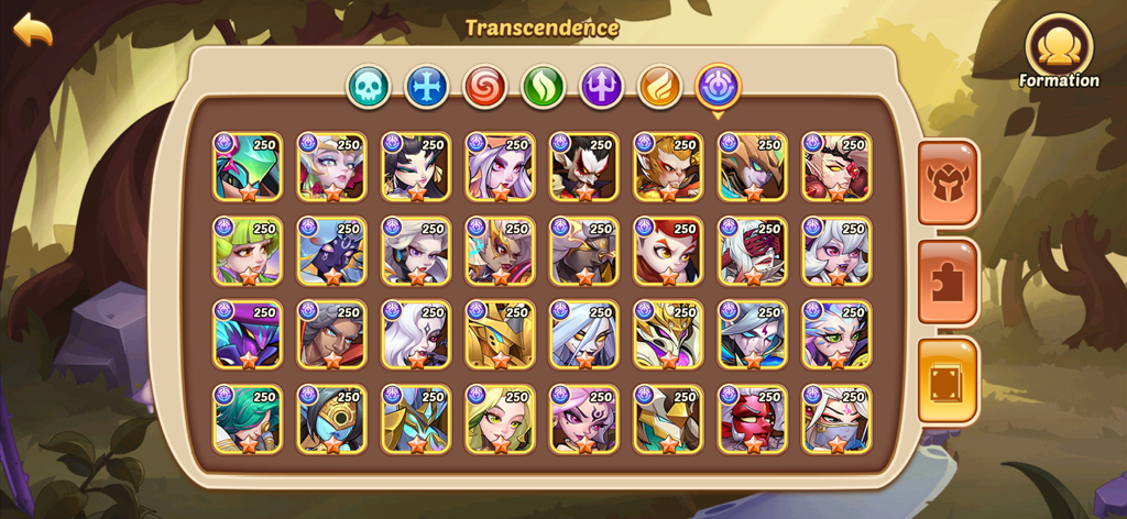 A screen from Idle Heroes showing a collection of high level heroes in the Transcendence menu