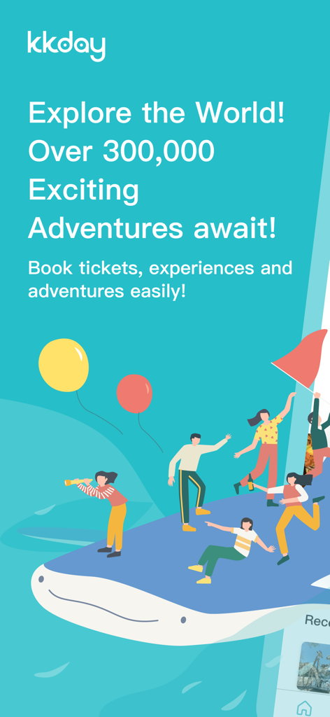 KKday app splash screen with an illustration of people on a whale and text inviting users to explore over 300000 adventures