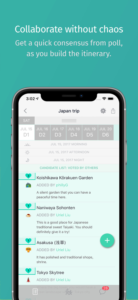 A smartphone screen displaying the TripHugger app with a collaborative travel itinerary and location voting features.