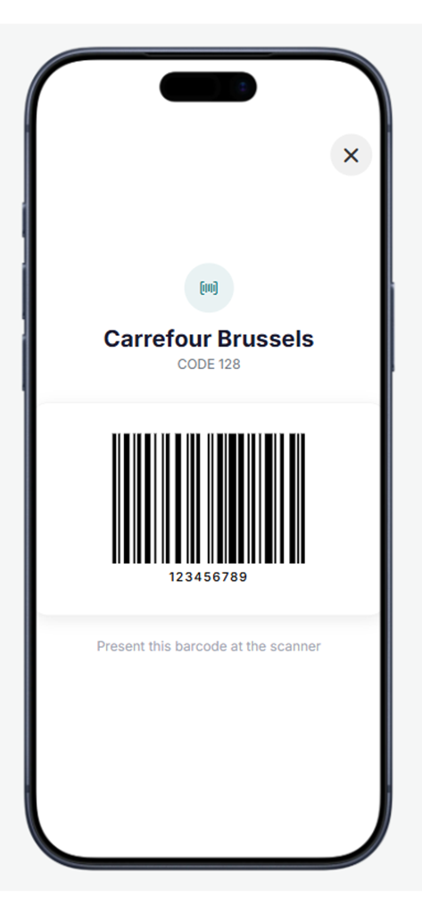 My Barcode Cards - A digital loyalty card for Carrefour Brussels showing a scannable barcode on a mobile screen.