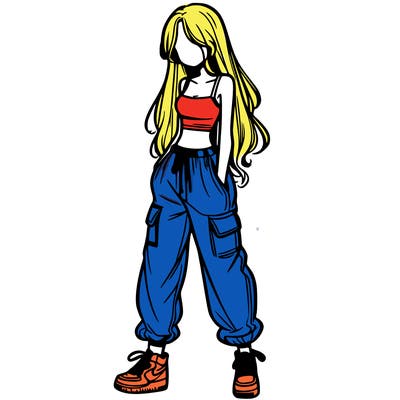 girl in baggy pants crop top and long hair