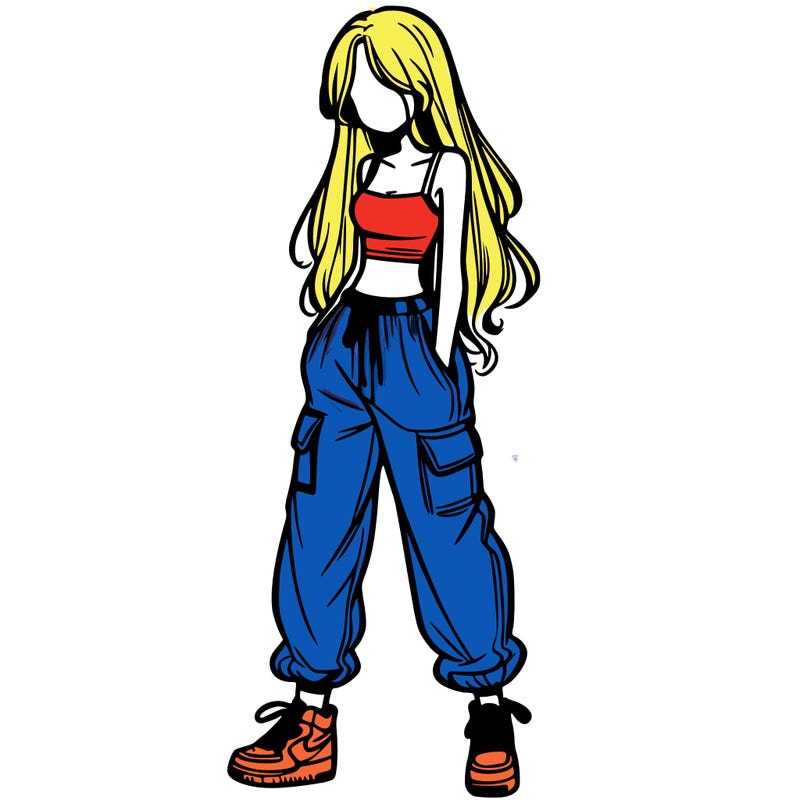 girl in baggy pants crop top and long hair