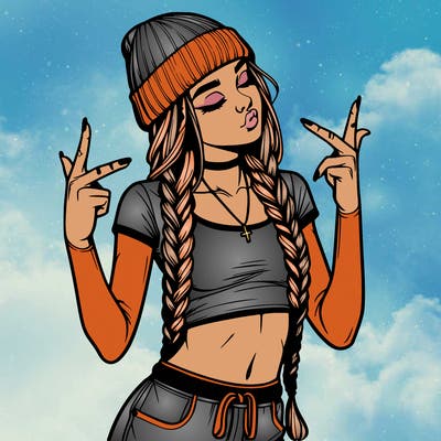 realistic teenage girl with braids and a beanie and crop top doing 🫶🏼