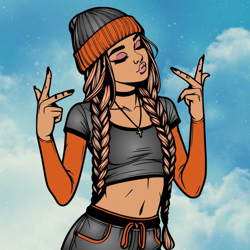 realistic teenage girl with braids and a beanie and crop top doing 🫶🏼
