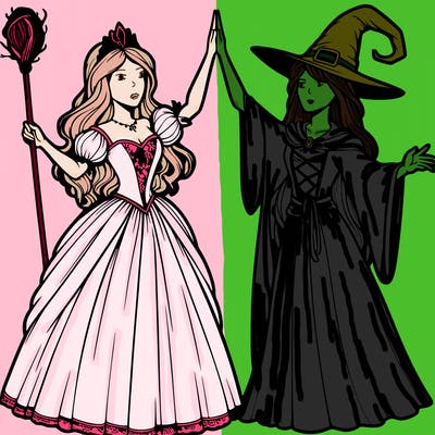 detailed realistic split of a princess and a witch