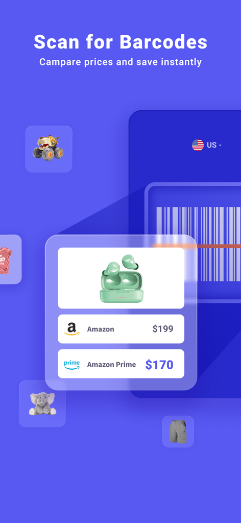 Interfaccia dell'app scanner codici a barre che confronta i prezzi dei prodotti su Amazon e Amazon Prime per l'arbitraggio al dettaglio