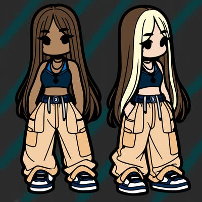 girl in baggy pants crop top and long hair