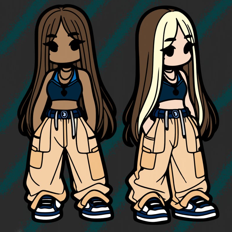 girl in baggy pants crop top and long hair