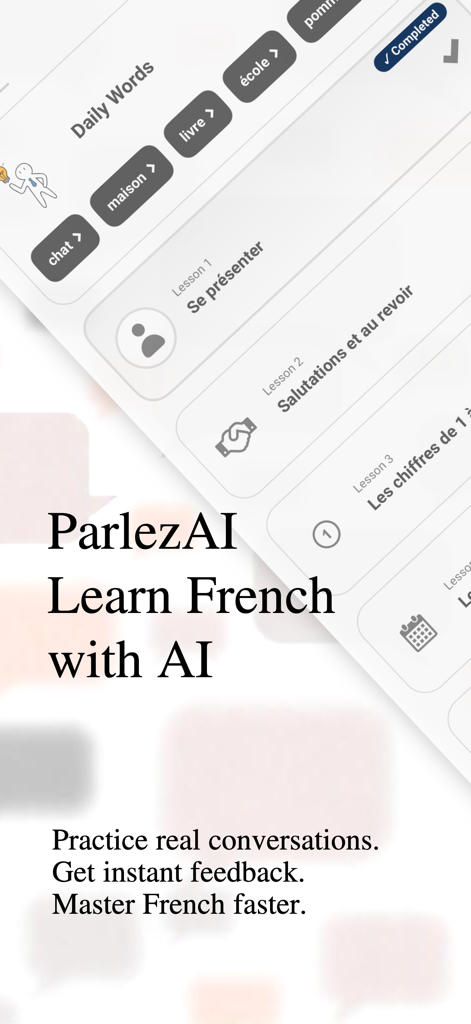 Learn French with AI: ParlezAI - ParlezAI mobile app interface showing daily French vocabulary and AI-powered conversation lessons.