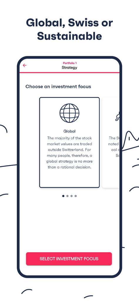 finpension - Finpension app screen for selecting an investment focus featuring the global strategy option.