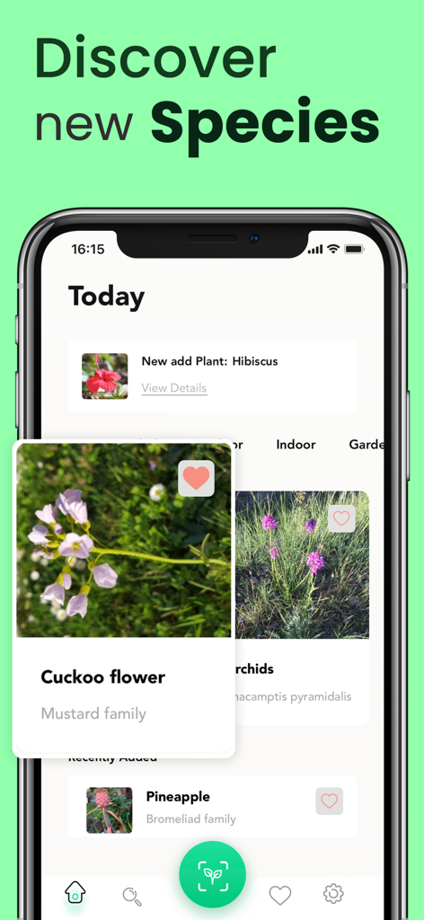 Plant Identification・Plant ID - Interfaz de la aplicación PlantME que muestra un feed de descubrimiento con varias especies de plantas como la flor del cuco y la piña.