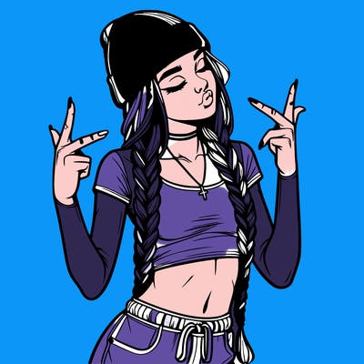 realistic teenage girl with braids and a beanie and crop top doing 🫶🏼