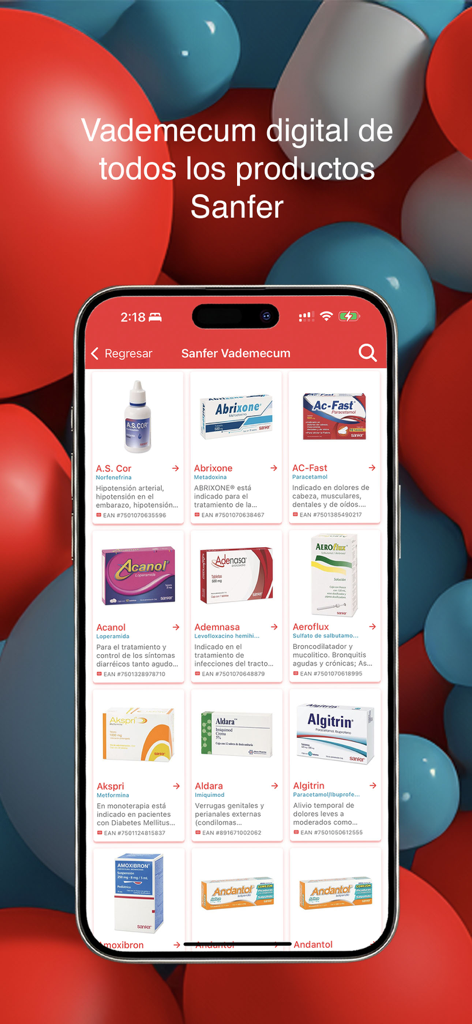 Pantalla del vademécum digital de Sanfer Conecta que muestra productos farmacéuticos de Sanfer.