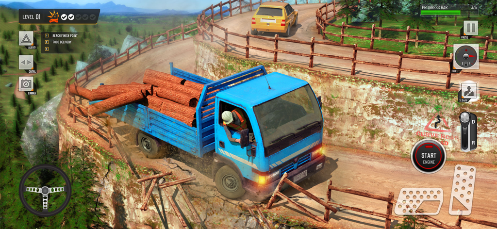 Um caminhão de carga azul transportando toras em uma estrada de montanha sinuosa com controles de jogo na tela.