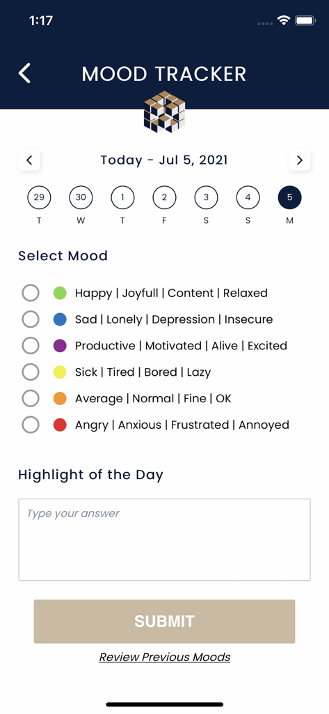 My Company Wellness - Mood tracker screen of the My Company Wellness app showing emotion selection and a highlight of the day text field.
