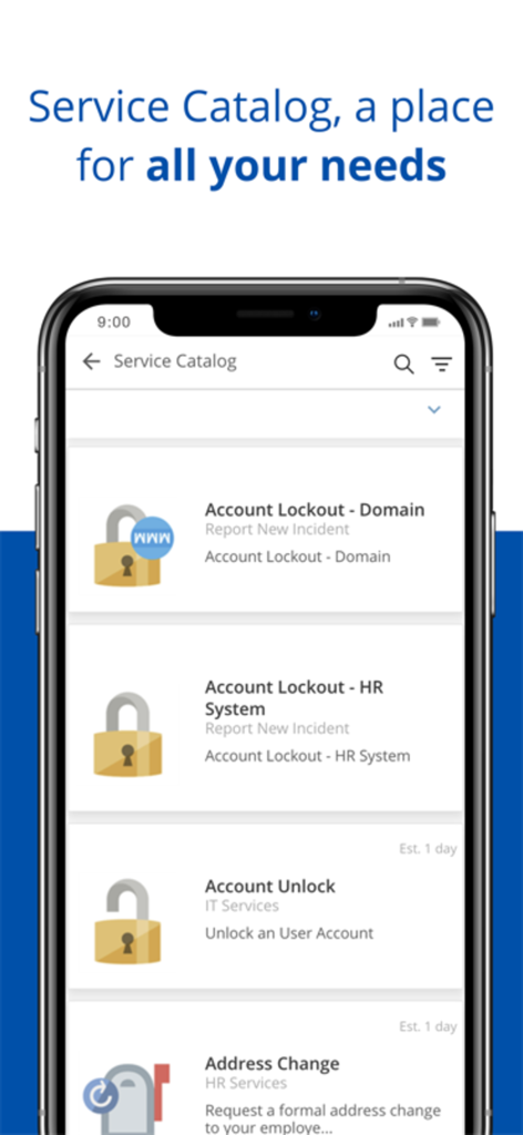 Ivanti Neurons for ITSM & ITAM - Interfaz de la aplicación móvil Ivanti Neurons que muestra la pantalla del Catálogo de Servicios con opciones para bloqueos de cuenta y cambios de dirección