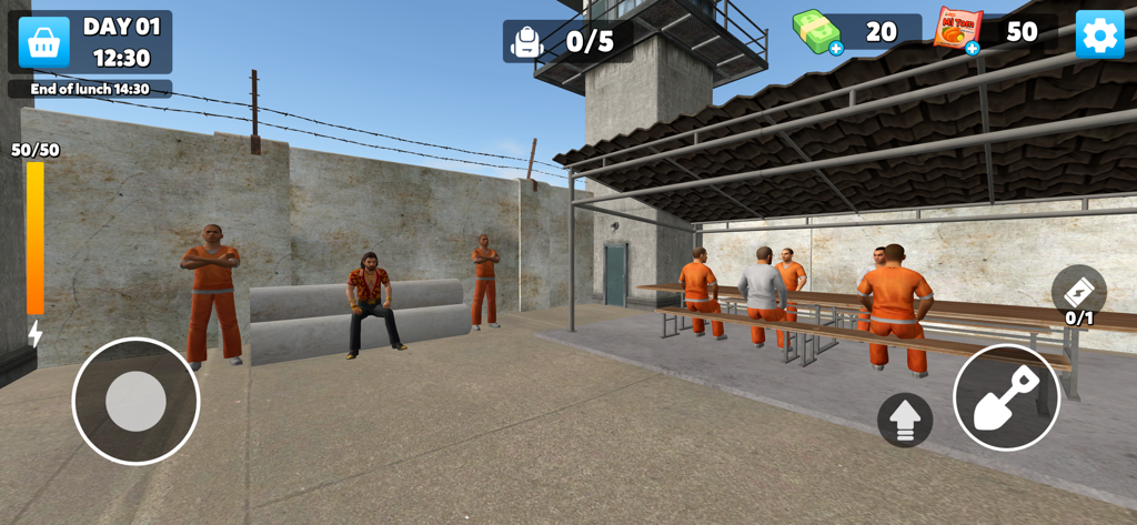 Gameplay screenshot of Mission X Justice showing characters in a prison yard with a watchtower and on-screen controls