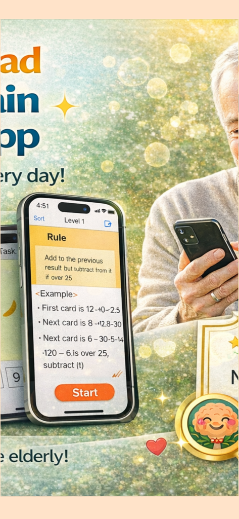 Smartphone-Bildschirm mit einfachen mathematischen Regeln für die Gehirntraining-App für Senioren mit einem älteren Mann im Hintergrund.