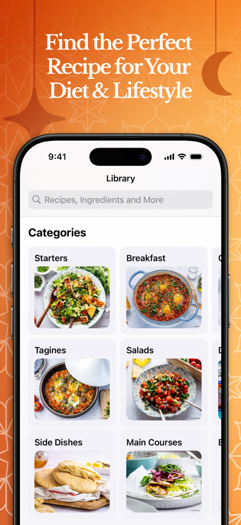 Food Recipes by Arabesk - Una pantalla de smartphone mostrando la página de la biblioteca de la aplicación de recetas de cocina Arabesk con diferentes categorías de comidas como entrantes, desayuno y tagines.