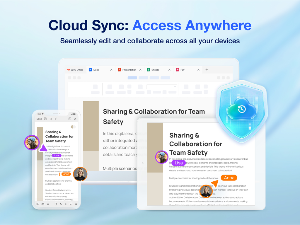 WPS for Pad: AI Office & PDF - WPS Office app interface showing cloud synchronization and real time team collaboration across multiple devices