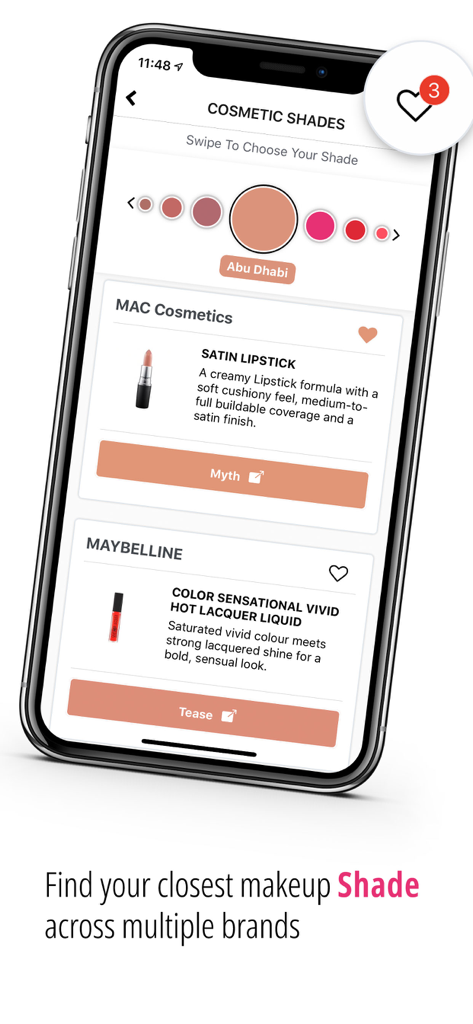Cosmetic Shades app screen showing makeup shade comparisons between MAC and Maybelline brands