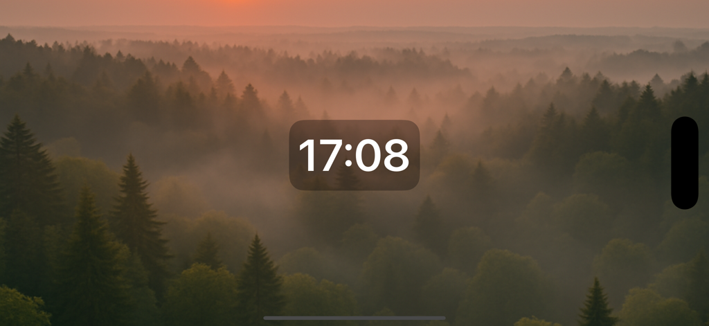 Lava Clock - Pantalla del reloj digital con la hora 17:08 sobre un paisaje de bosque neblinoso al atardecer