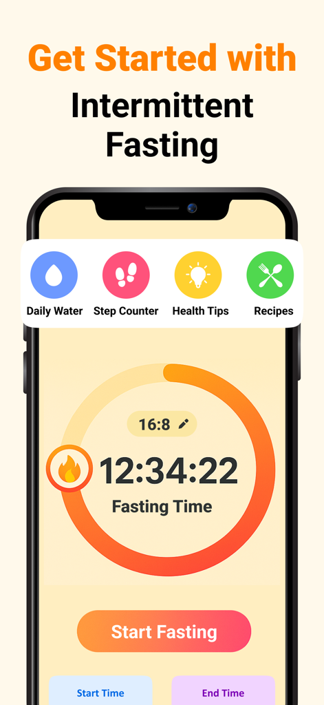 Intermittent Fasting Track App - Intermittent Fasting Track App interface with 16:8 timer and health feature icons