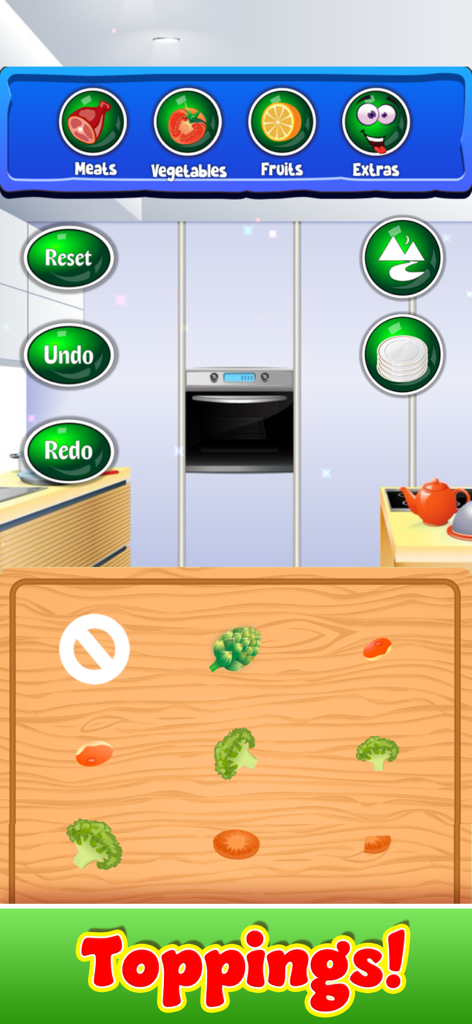 Cooking Games: Pizza Maker - A kids pizza cooking game interface showing various vegetable toppings on a wooden board.