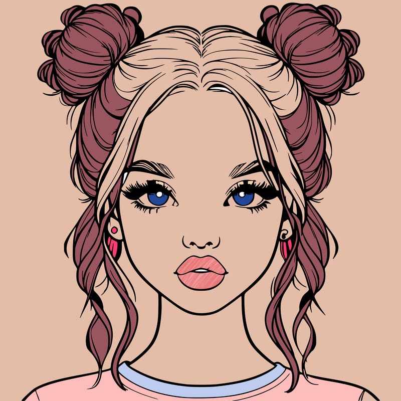 realistic girl with two buns in hair and lips