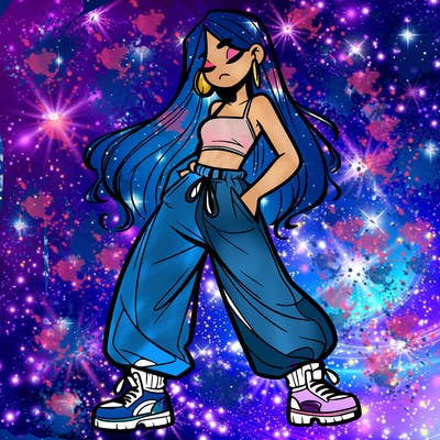 girl in baggy pants crop top and long hair