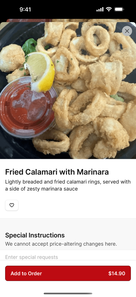 Sugo - Taste the Sauce - Mobile app view of Fried Calamari with Marinara showing item description and add to order button.
