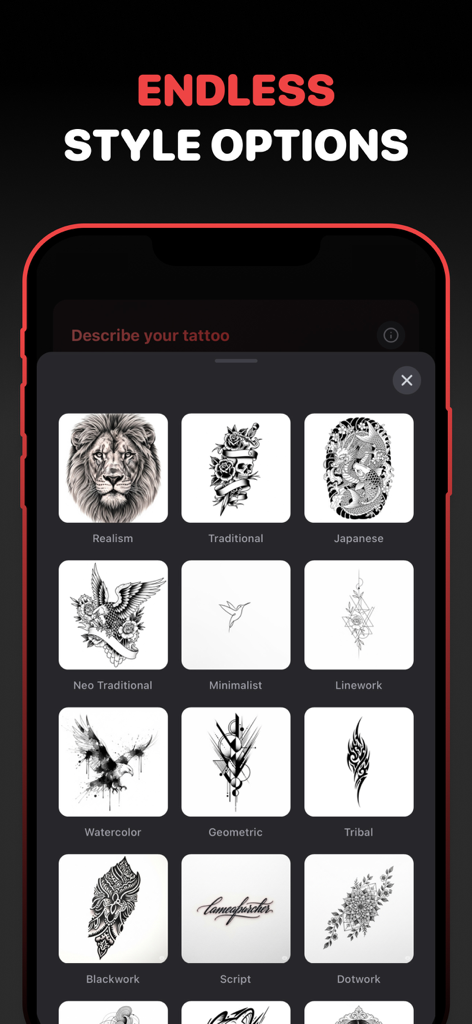Tattoo Design & Ideas: Tattrix - Interfaz de aplicación móvil que muestra una cuadrícula de varios estilos de tatuajes, incluyendo Realismo, Tradicional y Minimalista.