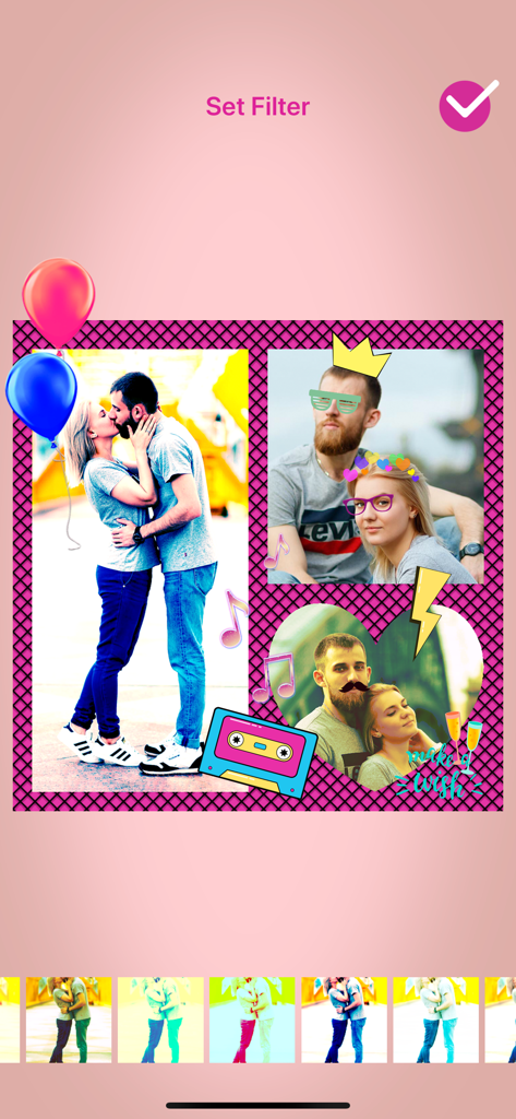 Love Pic - Photo Collage Maker - Eine Fotocollage eines Paares, dekoriert mit bunten Stickern und Filtern innerhalb der Love Pic App-Oberfläche.