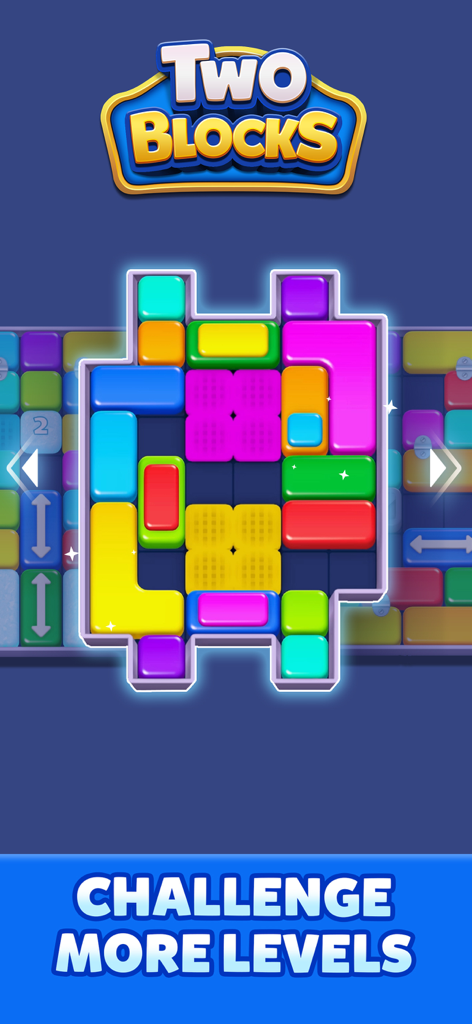 Two Blocks! - Colorful block matching puzzle interface for the Two Blocks mobile game showing various vibrant block shapes