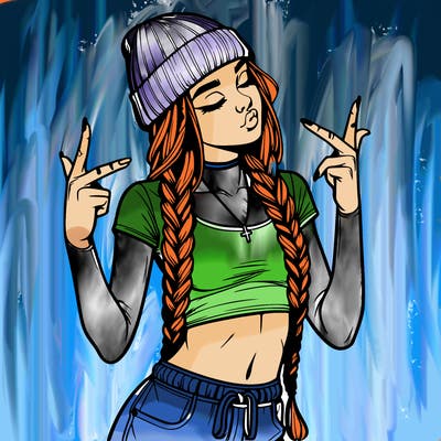 realistic teenage girl with braids and a beanie and crop top doing 🫶🏼