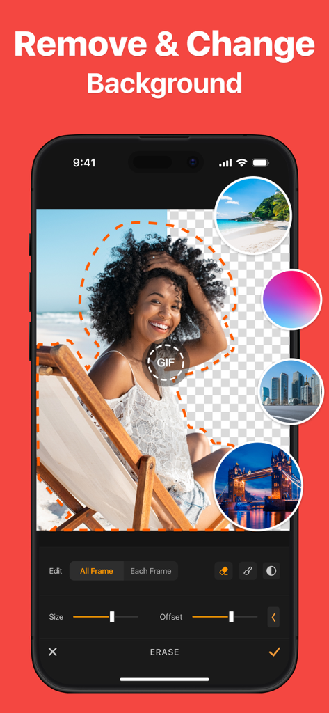 Mobile app interface demonstrating the background removal and change feature with multiple background options