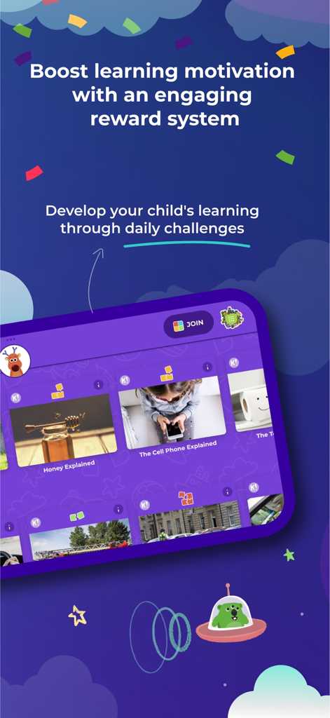 Kahoot! Kids: Learn & Play - Uma captura de tela do aplicativo Kahoot Kids destacando seu sistema de recompensas e desafios diários de aprendizagem para crianças