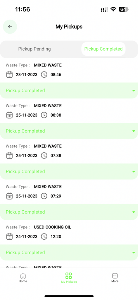 Uno schermo dall'app Just Go Zero che mostra un elenco di ritiri di rifiuti completati con date e tipi di rifiuti come rifiuti misti e olio da cucina usato